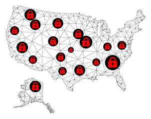 Polygonal mesh lockdown map of USA and Alaska. Abstract mesh lines and locks form map of USA and Alaska. Vector wire frame 2D polygonal line network in black color with red locks.