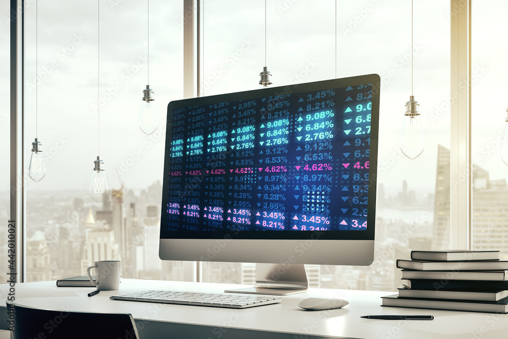 Fototapete modern computer monitor with abstract statistics data hologram interface, computing and analytics co
