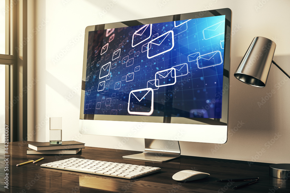 Poster modern computer monitor with postal envelopes hologram. electronic mail and spam concept. 3d renderi