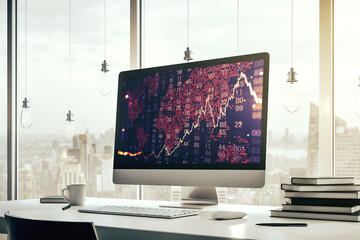 Abstract financial diagram with world map on modern laptop screen, banking and accounting concept. 3D Rendering