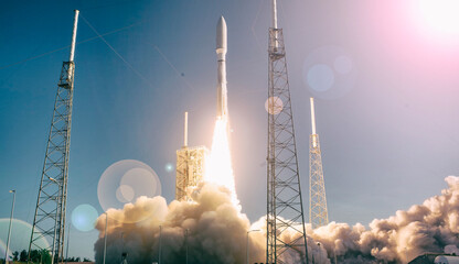 Cloudy rocket launch. The elements of this image furnished by NASA.