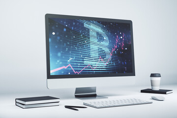 Modern computer display with creative Bitcoin symbol hologram. Mining and blockchain concept. 3D Rendering