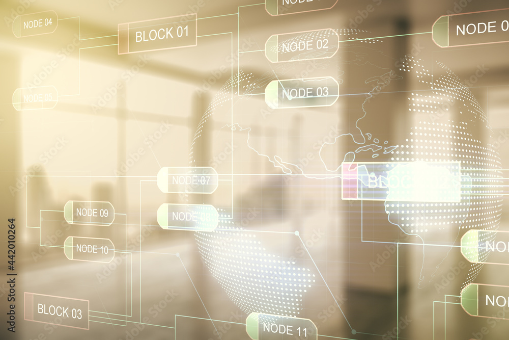 Poster abstract virtual coding concept and world map hologram on empty corporate office background. multiex
