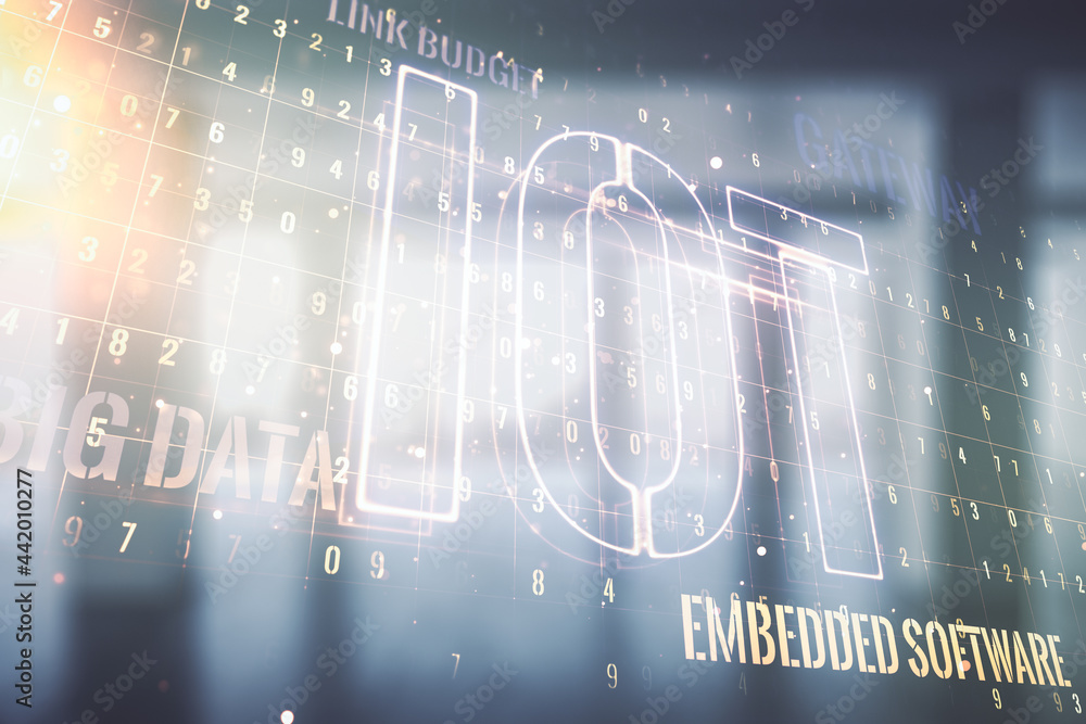 Aufkleber double exposure of abstract virtual iot hologram on empty modern office background, research and dev