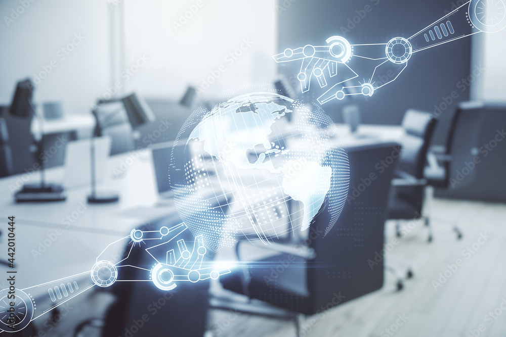 Aufkleber double exposure of abstract virtual robotics technology with world map hologram on modern corporate 