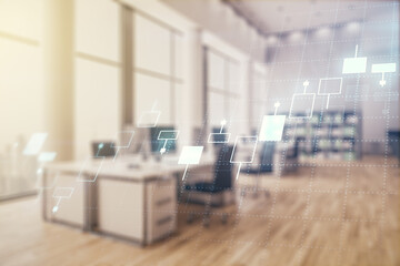 Multi exposure of virtual abstract financial graph interface on a modern furnished classroom background, financial and trading concept