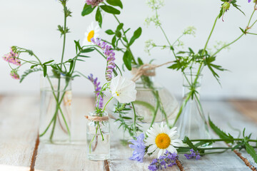 Concept of pure natural organic herbal and flower ingredients in cosmetic production. Camomile, lavender essential oils for gentle face and body care. Aromatherapy. Wooden background, copy space