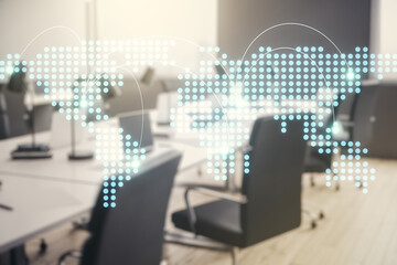 Double exposure of abstract digital world map hologram with connections on a modern furnished office interior background, big data and blockchain concept