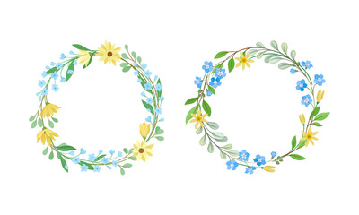 Floral Wreath with Leafy Tree Branch and Blooming Summer Flowers Vector Set