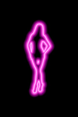 Pink neon silhouette of a girl with long hair who stands in a beautiful pose on a black background