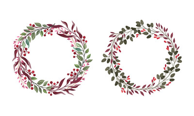 Foliage and Berry Twig Arranged in Floral Wreath Vector Set