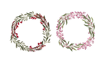 Foliage and Berry Twig Arranged in Floral Wreath Vector Set