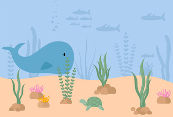 Fototapeta na wymiar Fish and wild marine animals in ocean. Sea world vector illustration.