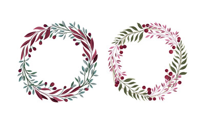 Foliage and Berry Twig Arranged in Floral Wreath Vector Set