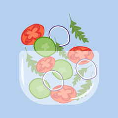 Salad on a plate. Set of fresh vegetables in a bowl. Vector illustration isolated on a blue background.