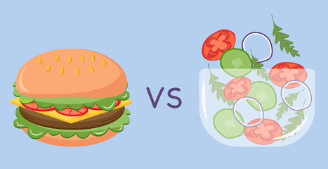 Healthy vs unhealthy food. Concept of choice between good and bad nutrition. Vector illustration.
