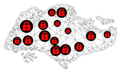 Polygonal mesh lockdown map of Singapore. Abstract mesh lines and locks form map of Singapore. Vector wire frame 2D polygonal line network in black color with red locks.