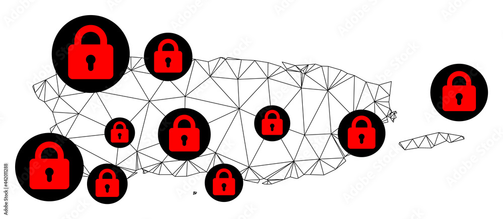 Poster polygonal mesh lockdown map of puerto rico. abstract mesh lines and locks form map of puerto rico. v