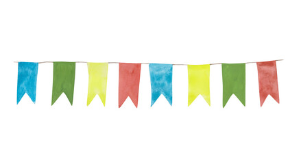 Watercolor garland isolated on a white background. Colorful birthday decoration.  Bright festive flags illustration. Yellow, red, blue, and green decor for a carnival.