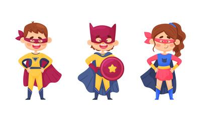 Smiling Boy and Girl Character in Superhero Costume and Cloak Standing Ready to Save the World Vector Illustrations Set