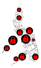 Polygonal mesh lockdown map of Philippines. Abstract mesh lines and locks form map of Philippines. Vector wire frame 2D polygonal line network in black color with red locks.
