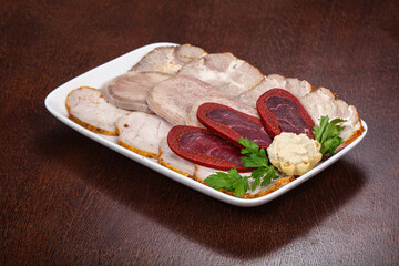 Sausages meat plate mix with sauce