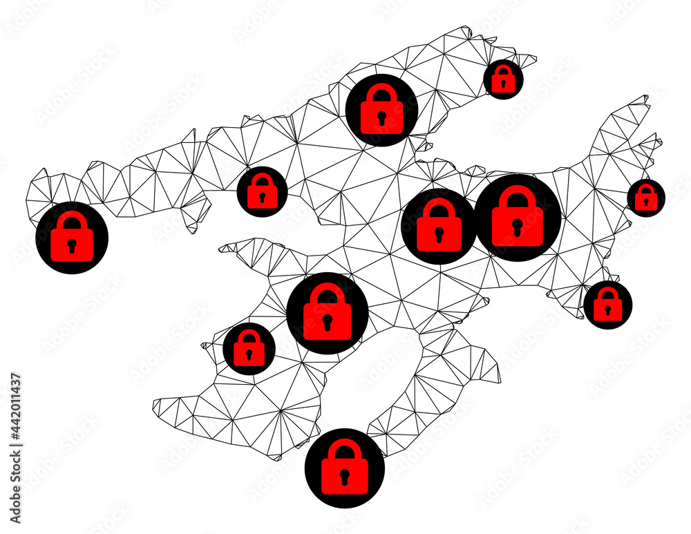 Poster polygonal mesh lockdown map of great bear lake. abstract mesh lines and locks form map of great bear