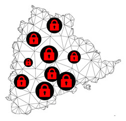 Polygonal mesh lockdown map of Telangana State. Abstract mesh lines and locks form map of Telangana State. Vector wire frame 2D polygonal line network in black color with red locks.