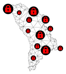Polygonal mesh lockdown map of Moldova. Abstract mesh lines and locks form map of Moldova. Vector wire frame 2D polygonal line network in black color with red locks.