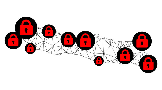 Polygonal mesh lockdown map of Java Island. Abstract mesh lines and locks form map of Java Island. Vector wire frame 2D polygonal line network in black color with red locks.
