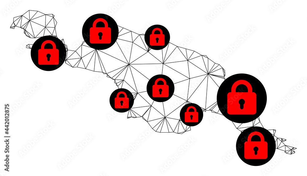 Poster polygonal mesh lockdown map of new guinea island. abstract mesh lines and locks form map of new guin