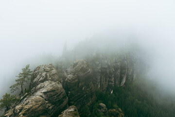 Fototapeta premium An early cloudy morning in mountain. Schrammsteine - group of rocks are a long, strung-out, very jagged in the Elbe Sandstone Mountains located in Saxon Switzerland in East Germany.