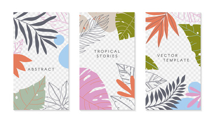 Fototapeta na wymiar Set of insta story templates with tropical palm leaves.Modern summer vector layouts with copy space for text.Bright vibrant banners.Trendy designs for social media marketing,digital post,prints.