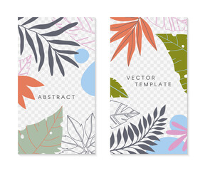 Fototapeta na wymiar Set of editable insta story templates with tropical palm leaves.Summer vector layouts with copy space for text.Bright vibrant banners.Trendy designs for social media marketing,digital post,prints.