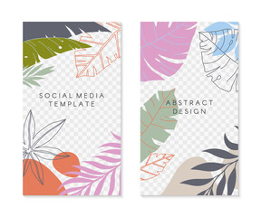 Set of editable insta story templates with tropical palm leaves.Summer vector layouts with copy space for text.Bright vibrant banners.Trendy designs for social media marketing,digital post,prints.