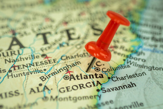 Location Atlanta city in Georgia, map with red push pin pointing close-up, USA, United States of America