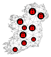 Polygonal mesh lockdown map of Ireland Island. Abstract mesh lines and locks form map of Ireland Island. Vector wire frame 2D polygonal line network in black color with red locks.