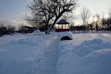 Path leading to the gazebo in the snow-covered garden