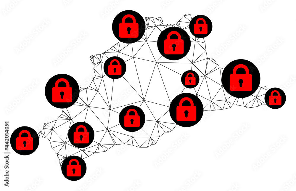 Poster polygonal mesh lockdown map of malaga province. abstract mesh lines and locks form map of malaga pro