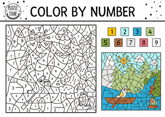 Vector forest color by number activity with trees, mountains, river waterfall and bird in a boat. Summer road trip coloring and counting game. Funny coloration page for kids with nature scene. .