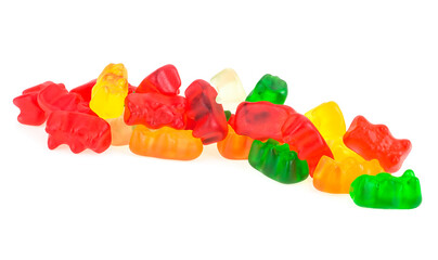 Multicolored fruity jelly bears candy isolated on a white background. Candy jello. Marmalade bears.