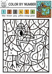 Vector forest color by number activity with raven looking in the map. Summer road trip coloring and counting game with comic woodland bird. Funny coloration page for kids with nature scene. .