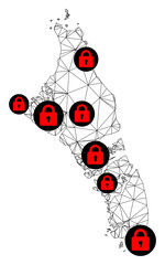 Polygonal mesh lockdown map of Bahamas - Andros Island. Abstract mesh lines and locks form map of Bahamas - Andros Island. Vector wire frame 2D polygonal line network in black color with red locks.