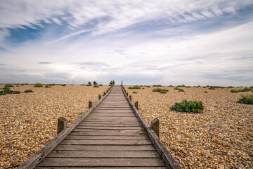 Obraz premium The boardwalk to the sea at Dungeness National nature reserve, in Kent. 