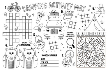 Vector camping placemat. Summer camp holidays printable activity mat with maze, tic tac toe charts, connect the dots, crossword, color by number. Black and white play mat or coloring page.