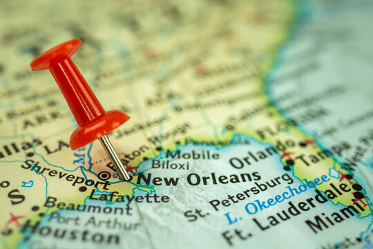 Location New Orleans city in Louisiana, map with red push pin pointing  close-up, USA, United States of America Stock Photo | Adobe Stock