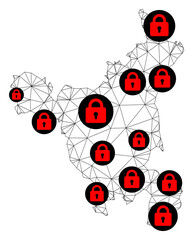 Polygonal mesh lockdown map of Haryana State. Abstract mesh lines and locks form map of Haryana State. Vector wire frame 2D polygonal line network in black color with red locks.