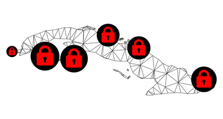Polygonal mesh lockdown map of Cuba. Abstract mesh lines and locks form map of Cuba. Vector wire frame 2D polygonal line network in black color with red locks. Frame model for lockdown templates.