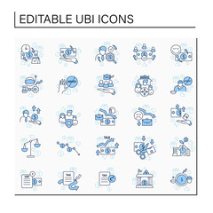 Universal basic income line icons set. Tax declaration, economic growth. Inequality and inflation. Global economy concept. Isolated vector illustrations.Editable stroke