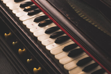 Harmonium keys with vintage looks  stock image, selective focus.